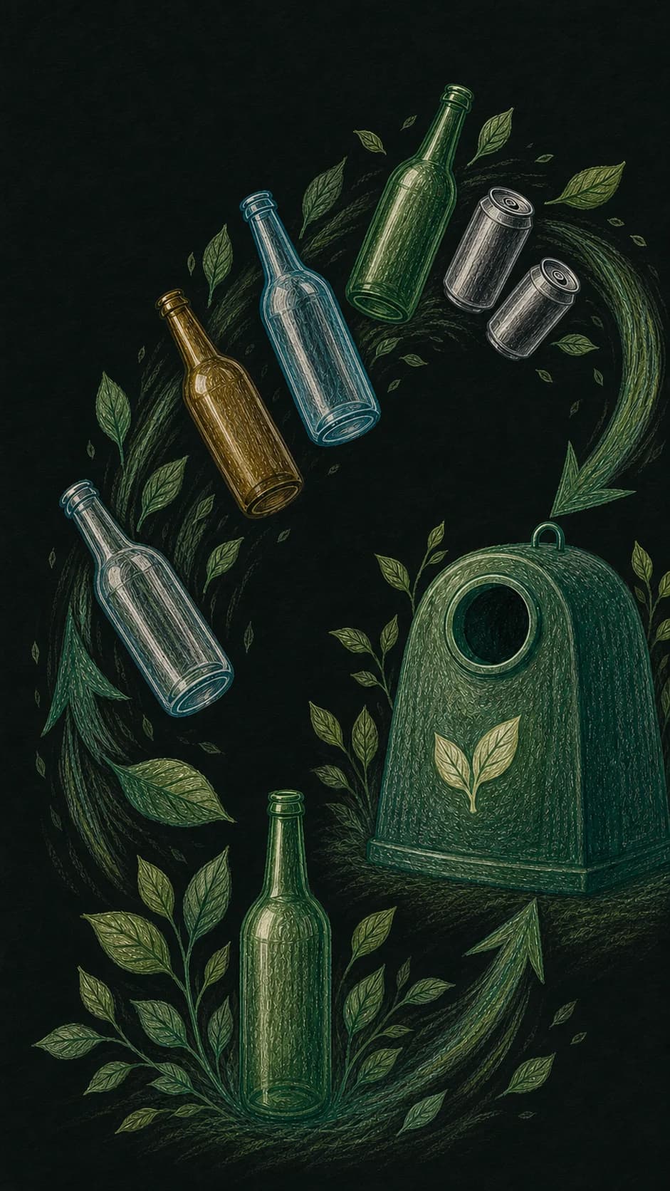 Dark colored-pencil illustration of bottles and cans moving through a vertical leafy recycling cycle