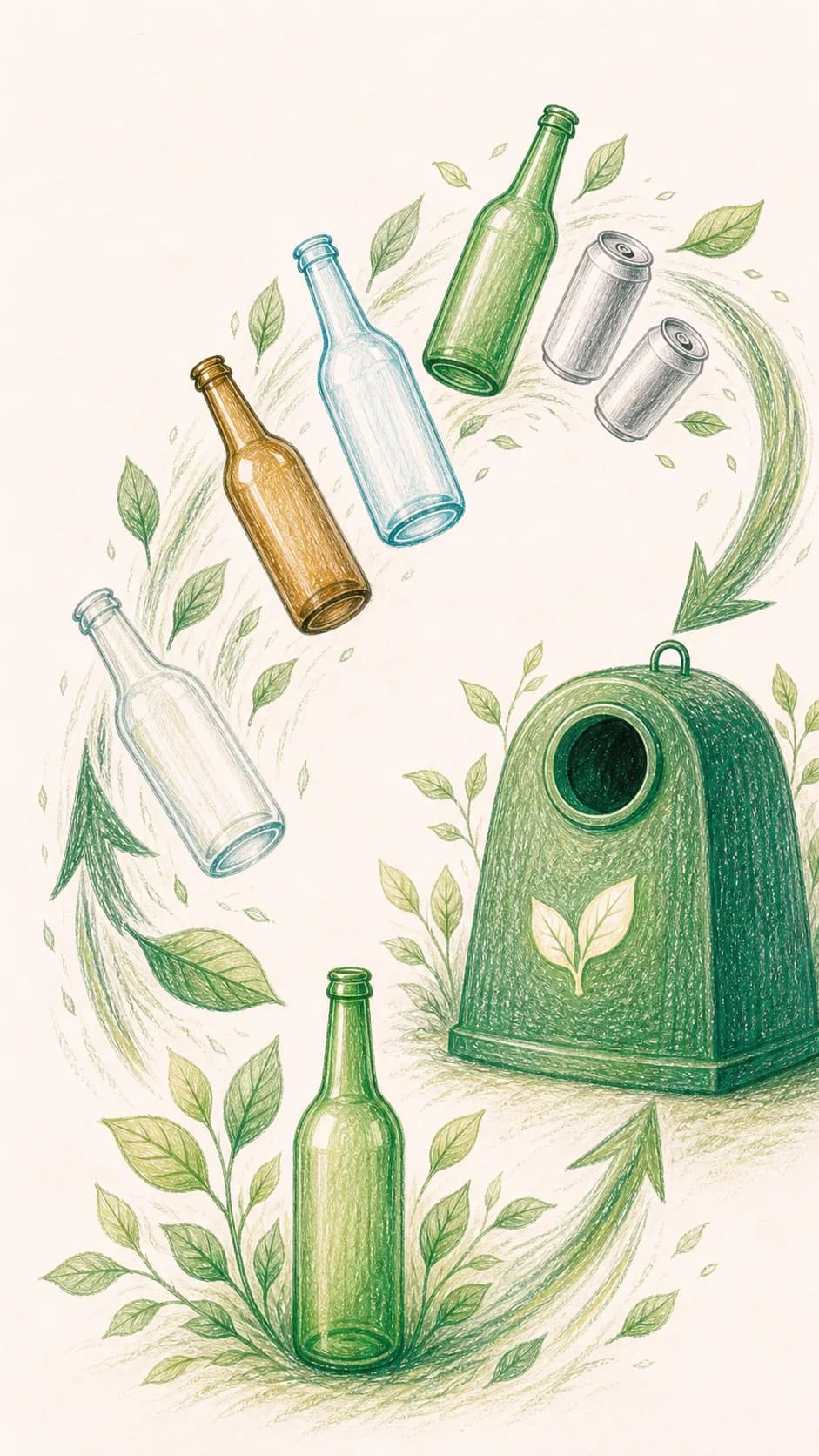 Colored-pencil illustration of bottles and cans moving through a vertical leafy recycling cycle